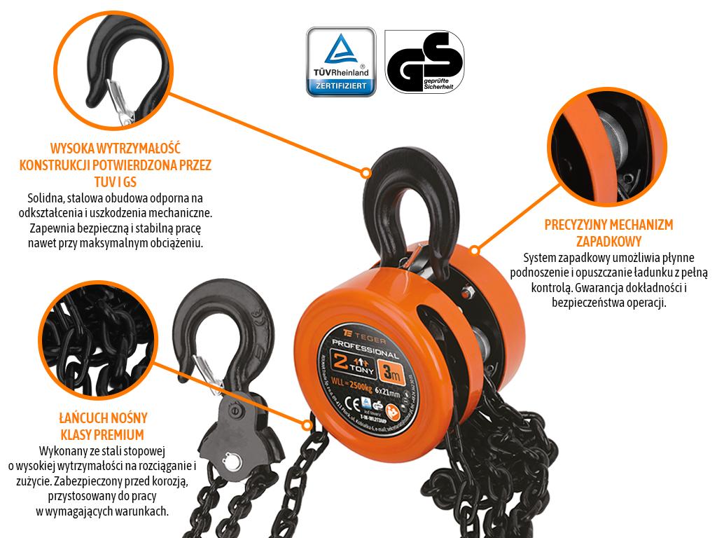 Wciągarka łańcuchowa TEGER PROFESSIONAL 2 t | 3 m | cert. CE/TUV/GS - Zdjęcie 2