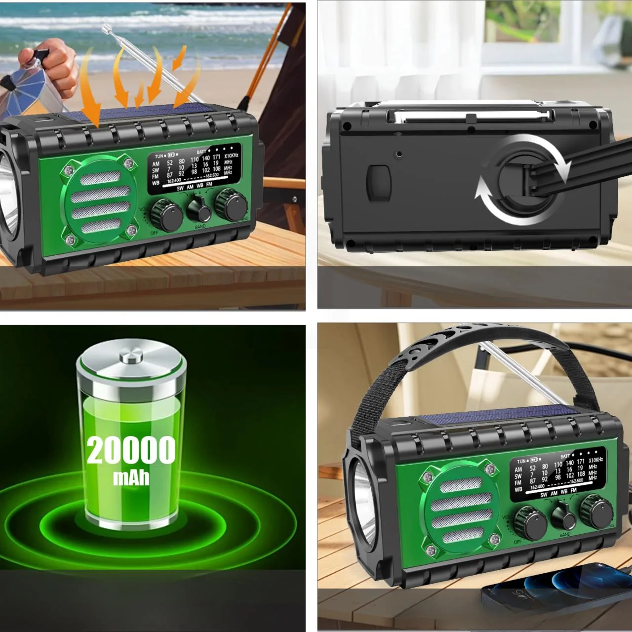 RADIO SOLARNE SURVIVALOVE PRZENOŚNE Z KORBKĄ DYNAMO LATARKA POWERBANK 20000mAh Z KABLEM USB