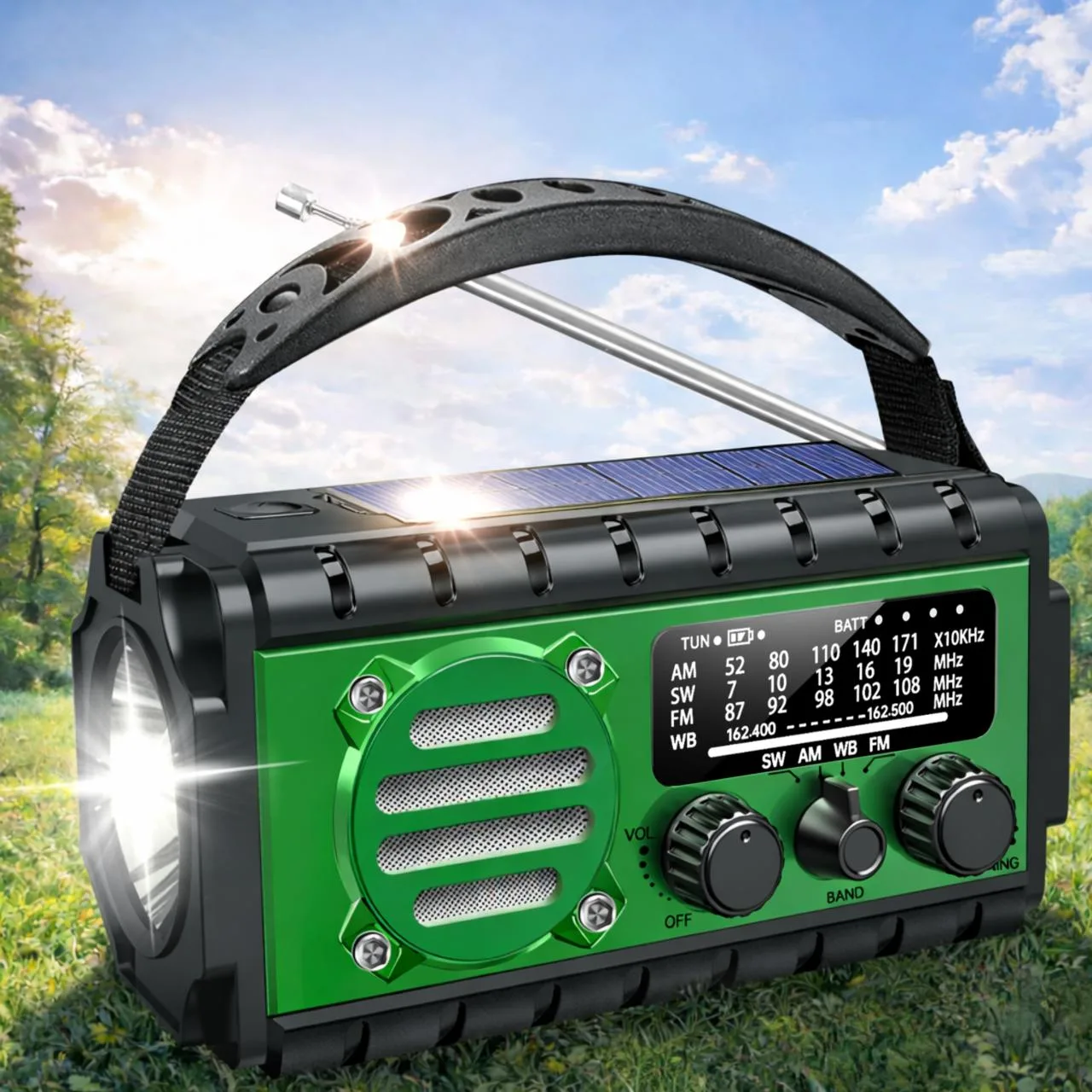 RADIO SOLARNE SURVIVALOVE PRZENOŚNE Z KORBKĄ DYNAMO LATARKA POWERBANK 20000mAh Z KABLEM USB - Urson | zdjęcie 1 z 6 | 49780 | Motofarma.pl