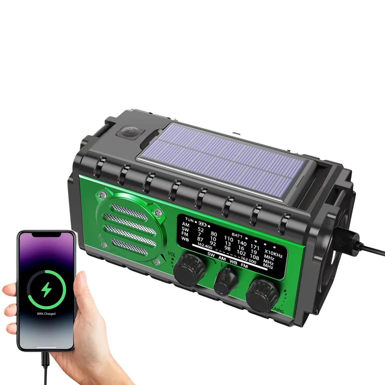 RADIO SOLARNE SURVIVALOVE PRZENOŚNE Z KORBKĄ DYNAMO LATARKA POWERBANK 20000mAh Z KABLEM USB - Urson | zdjęcie 5 z 6 | 49780 | Motofarma.pl