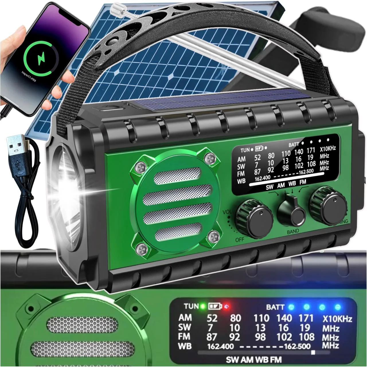 RADIO SOLARNE SURVIVALOVE PRZENOŚNE Z KORBKĄ DYNAMO LATARKA POWERBANK 20000mAh Z KABLEM USB - Urson | zdjęcie 6 z 6 | 49780 | Motofarma.pl
