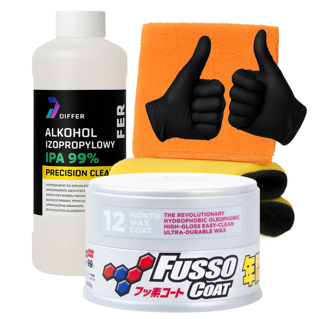 Twardy wosk SOFT99 New Fusso Coat 12 Months Wax LIGHT 200g + 2x mikrofibra + IPA + nitryle