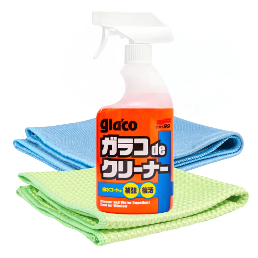 Soft99 Glaco De Cleaner + mikrofibra waflowa + mikrofibra do szyb luster