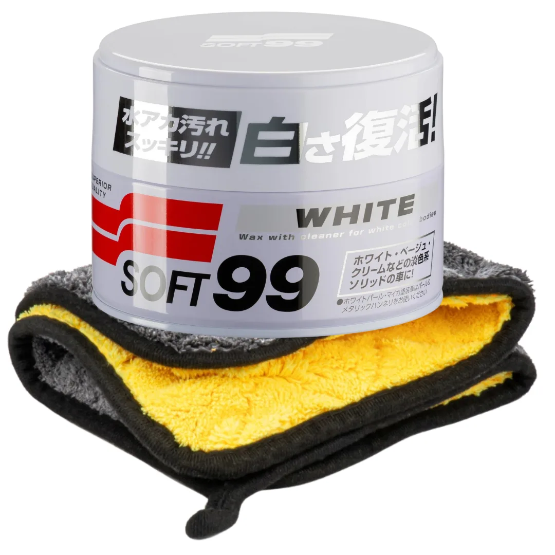 SOFT99 WHITE WAX 300g do białego lakieru mikrofibra 800g