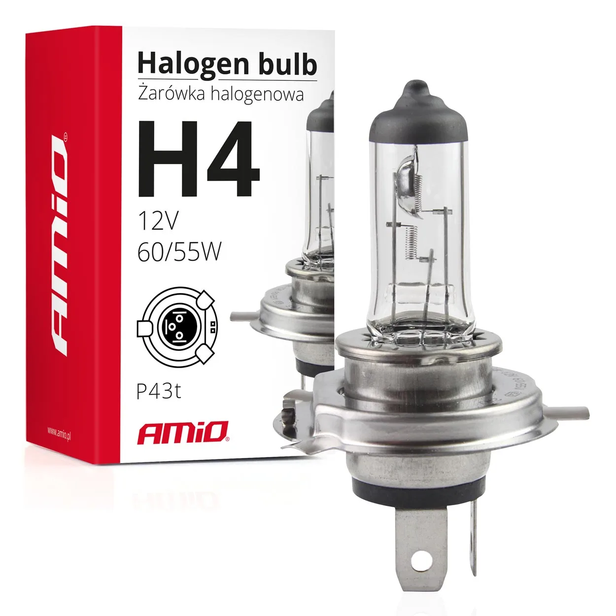 Żarówka halogenowa H4 12V 60/55W filtr UV (E4) AMIO-01268 | A01268 | Motofarma.pl