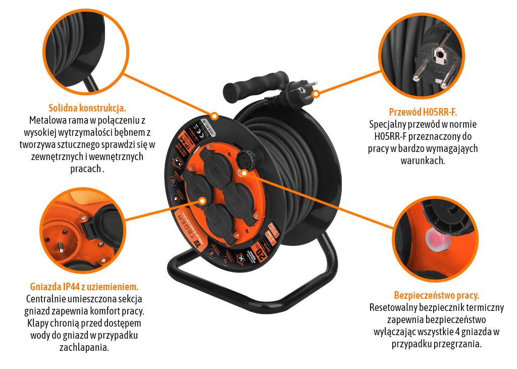 Przedłużacz bębnowy PROFESSIONAL 20 m H05RR-F 3x1,5 mm² IP44 z termikiem – Teger