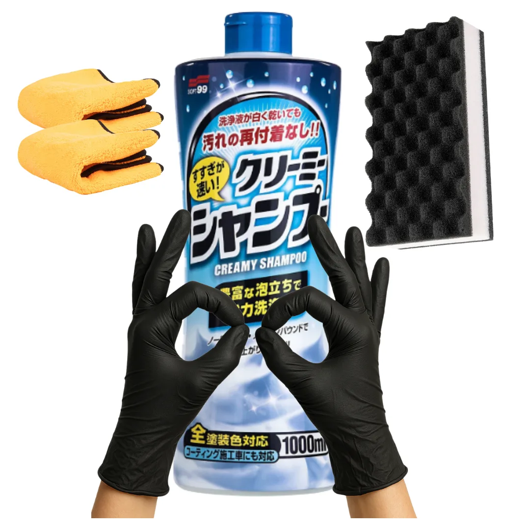 Soft99 Neutral Creamy Shampoo Gąbka QJUTSU Ultrasoft Sponge 2x mikrofibra do osuszania zestaw