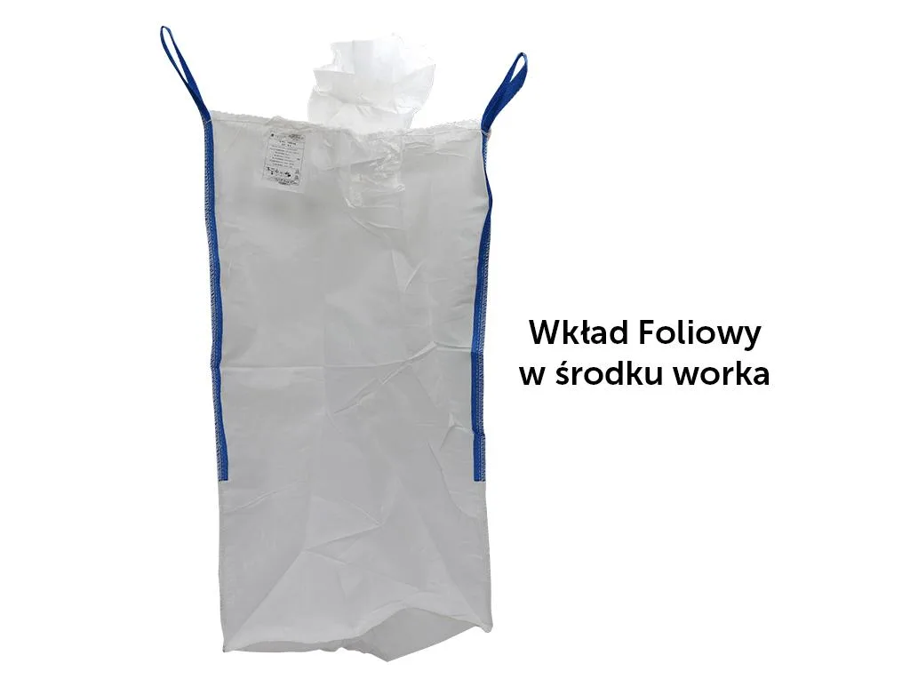 Big Bag 1000 kg TEGER z wkładem foliowym, 95×95×165 cm, 4 uchwyty, lej zasypowy i spustowy, dół zamknięty, tasiemki do zawiązania
