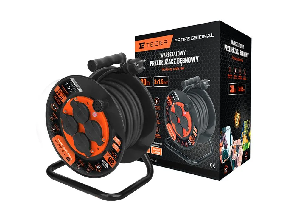 Przedłużacz bębnowy warsztatowy PROFESSIONAL 30 m 3x1,5 mm² H05RR-F IP44 Teger (cert. CE) | zdjęcie 1 z 2 | T-NB-PBPR-02 | Motofarma.pl