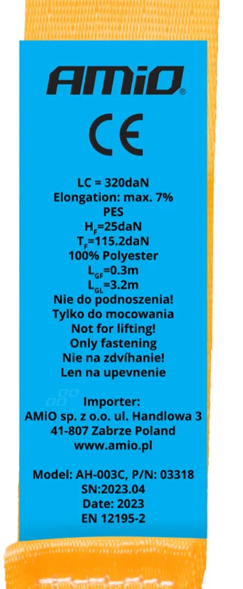 Pas transportowy z automatycznym zwijaczem 640kg 25mm 3,5m CE - Amio | zdjęcie 3 z 5 | A03318 | Motofarma.pl