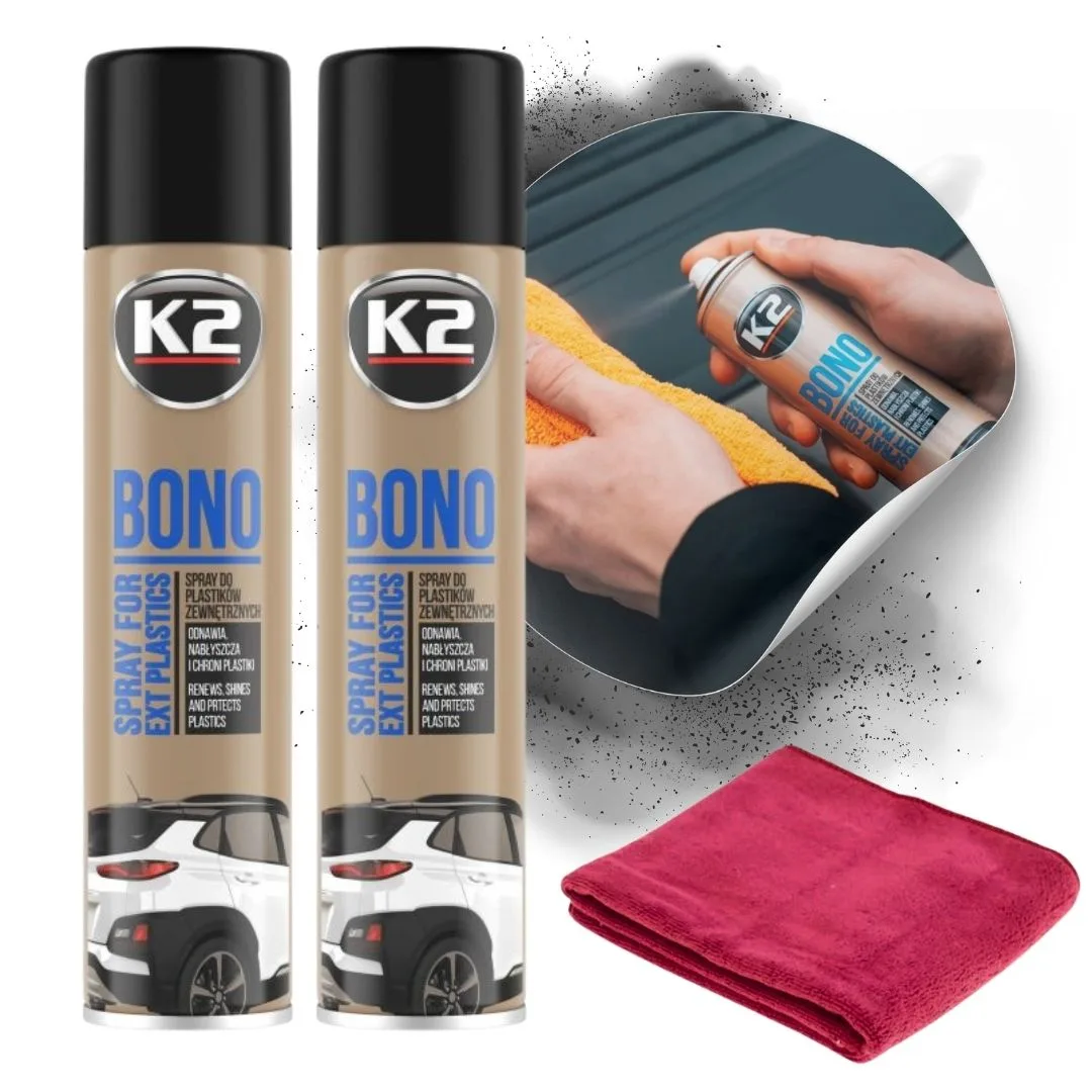 Zestaw do pielęgnacji plastików: 2x K2 BONO 300ML + mikrofibra 30x30 cm | zdjęcie 1 z 5 | 45891_47202_2 | Motofarma.pl