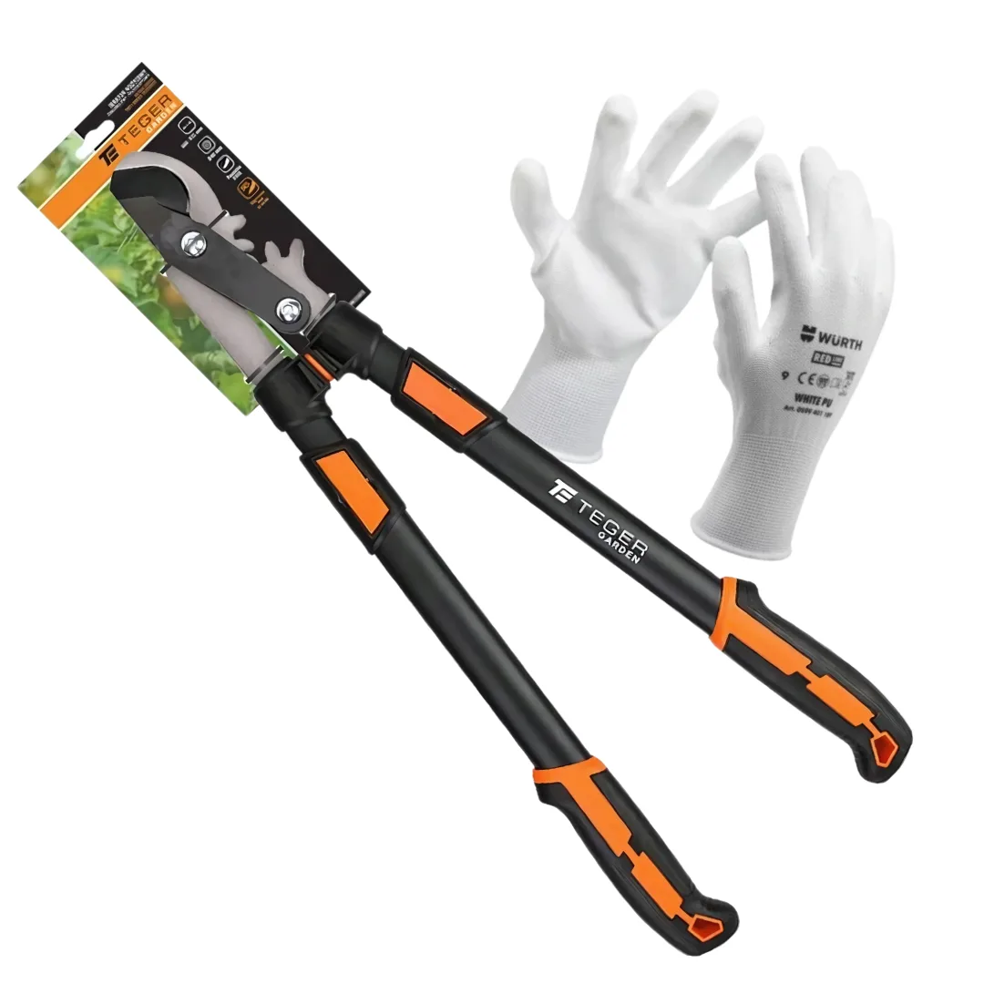 Sekator nożycowy - dwuręczny teleskopowy TEGER + Rękawice robocze ochronne Wurth WHITE r.10 | zdjęcie 1 z 6 | T-O-NONIS005_47027 | Motofarma.pl