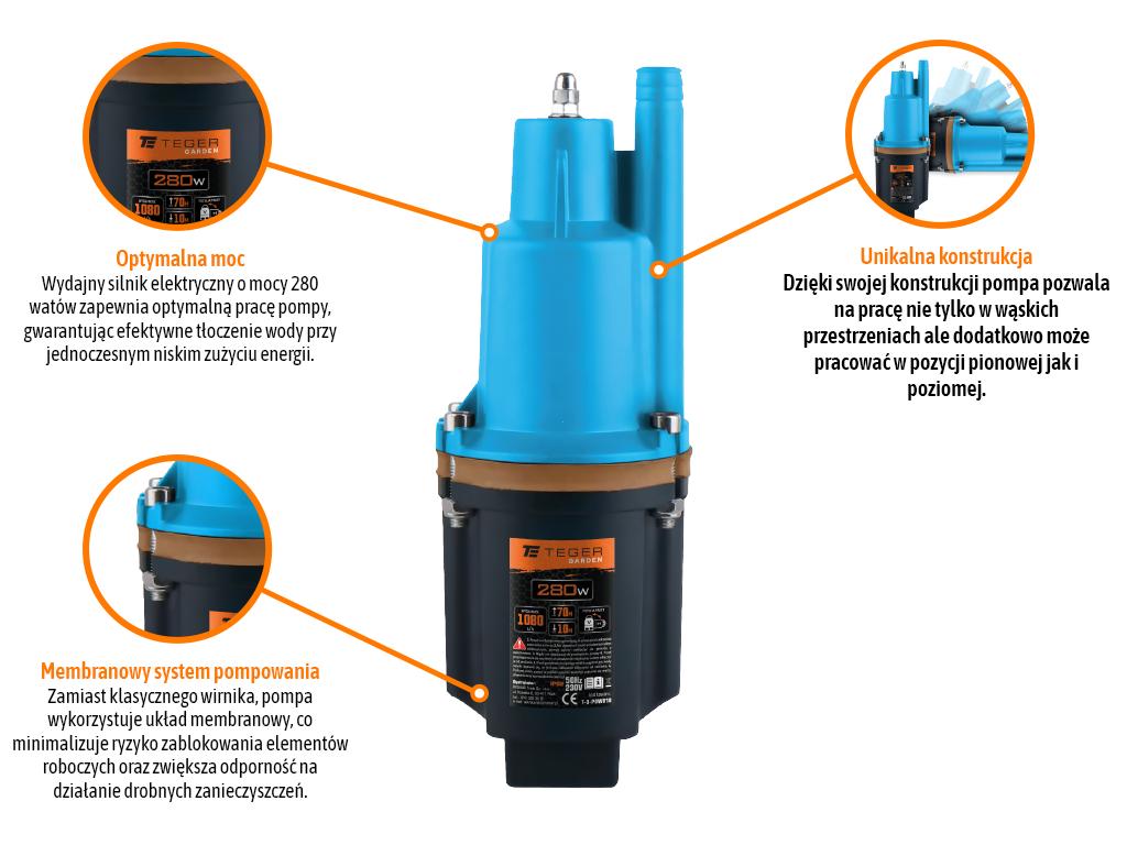Membranowa pompa zanurzeniowa 280W do wody czystej i brudnej TEGER - Zdjęcie 2