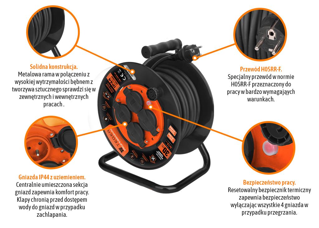 Przedłużacz bębnowy warsztatowy PROFESSIONAL 30 m 3x1,5 mm² H05RR-F IP44 Teger (cert. CE) - Zdjęcie 2