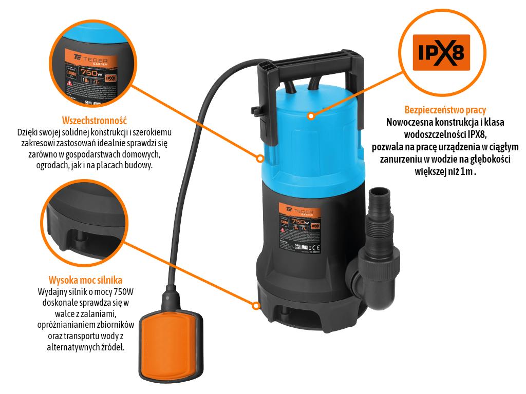 Teger Pompa Zanurzeniowa 750 W do Wody Czystej i Brudnej z Wyłącznikiem Pływakowym - Zdjęcie 2