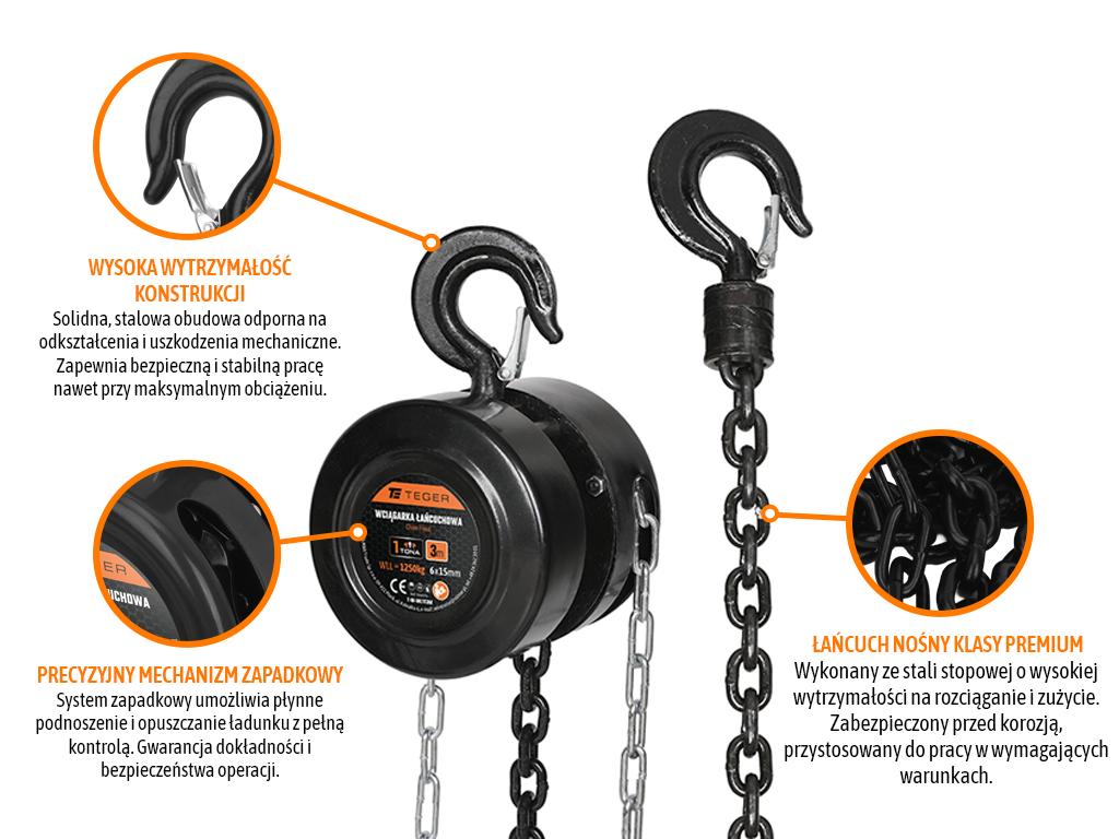 Wciągarka łańcuchowa Teger 1 t, 3 m — certyfikat CE - Zdjęcie 2