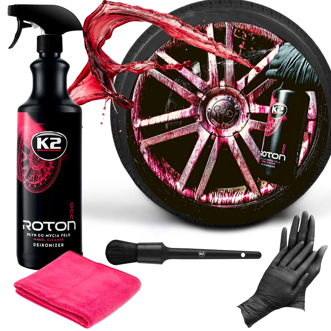 ZESTAW DO CZYSZCZENIA FELG K2 ROTON PRO 1L + PĘDZELEK + MIKROFIBRA + RĘKAWICZKI | zdjęcie 1 z 2 | WC-3660 | Motofarma.pl