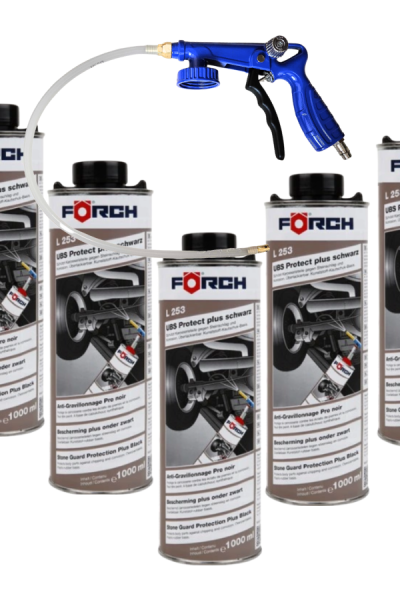 Zestaw Forch L253 – 5x1L czarnej powłoki + pistolet. Szybkoschnący, elastyczny „baranek” do podwozi, odporny na korozję, sól i odpryski kamieni.